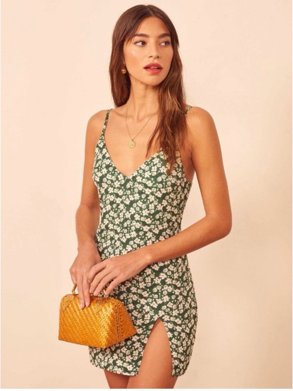 REFORMATION Marlow Dress Green Floral Slip Mini Dress with White Blossoms medium